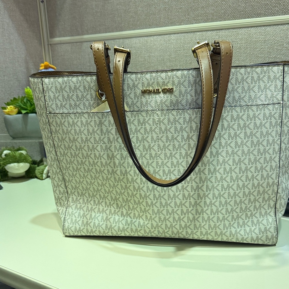 Michael Kors Monogrammed Cream and Tan Laptop Tote
